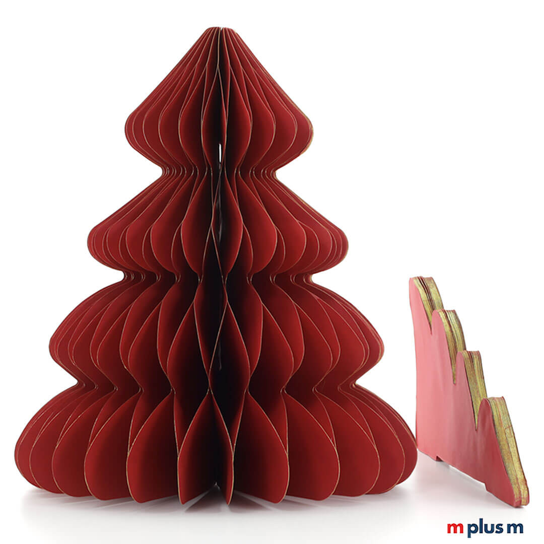 Roter PopUp Papier Weihnachtsbaum Groß aus Europa, 70 % Recyclingmaterial, Druckfläche für Firmenlogo – perfekt als Corporate Gift und Event-Giveaway