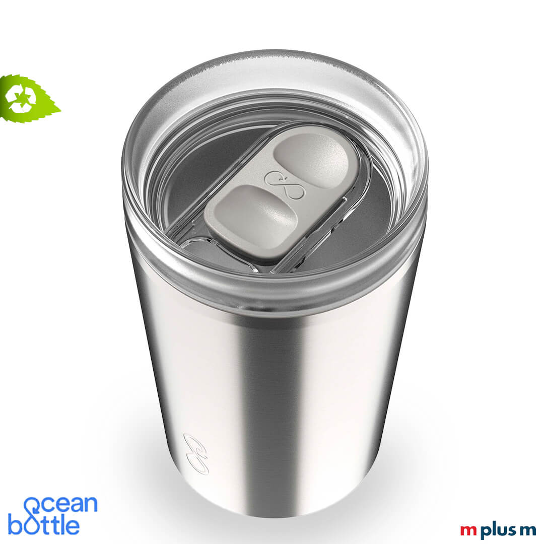 Ocean Bottle Thermobecher 350 ml silber mit Vakuum-Isolierung und BPA-freiem Deckel, nachhaltiger Becher modern mit Logo Druck personalisiert