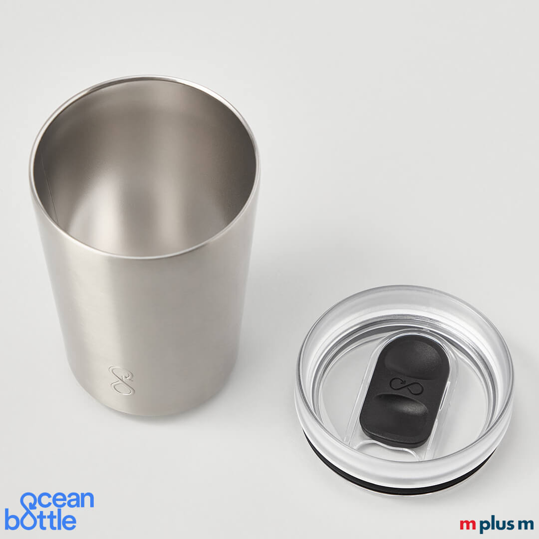 Ocean Bottle Isolierbecher silber 350 ml nachhaltig und robust, doppelwandig isolierter Becher aus Recycling-Edelstahl mit Logo Druck personalisieren